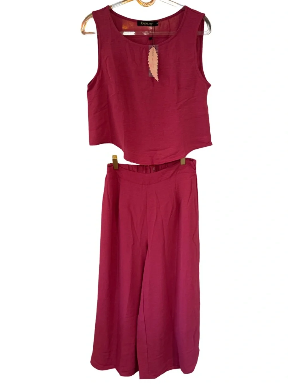 🍓Two-Piece Crop Top & Wide Leg Pants Set - Berry Pink Culotte Capri Flowy Gaucho - Picture 11 of 11